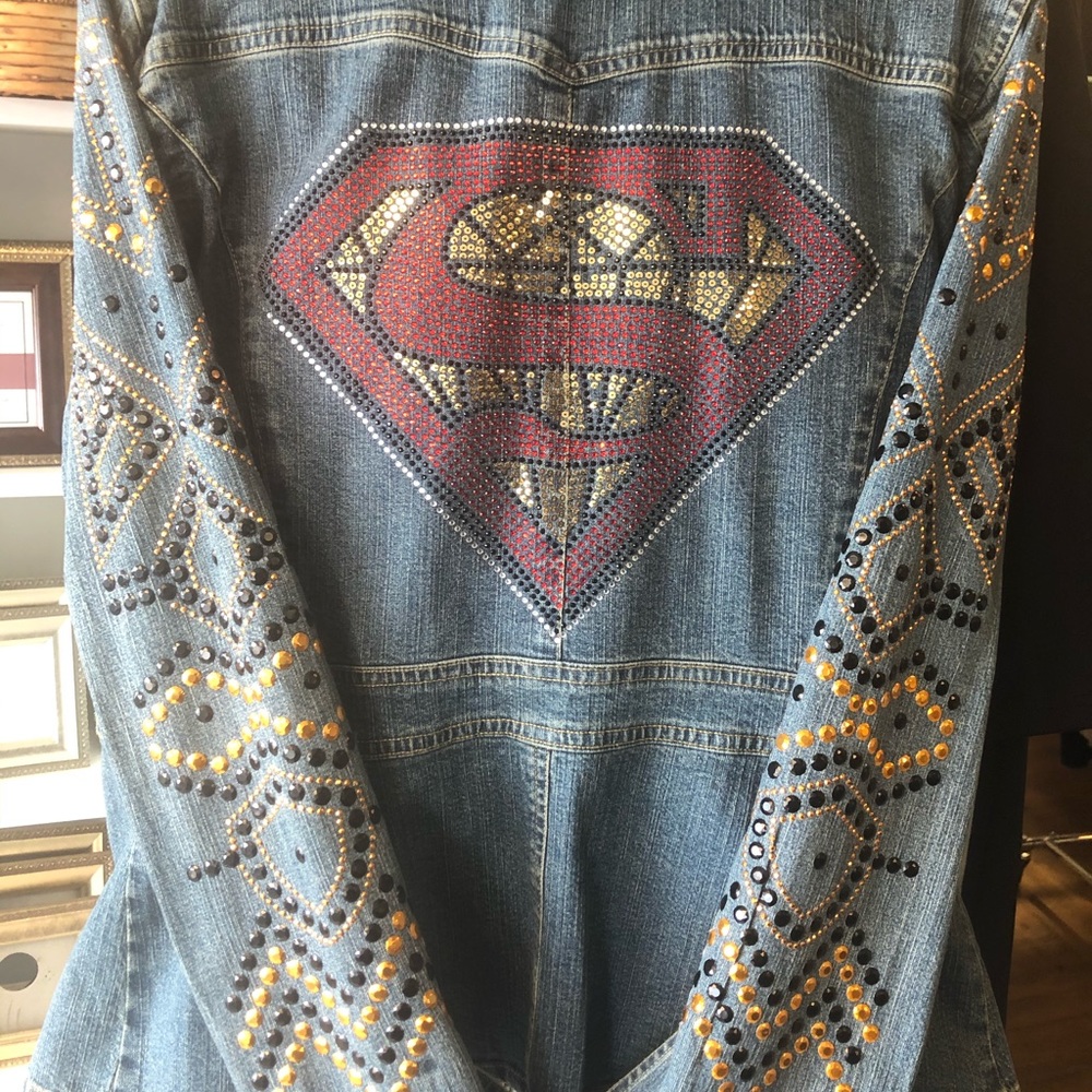 Super Woman Inspired Rhinestone Blue Jean Jacket